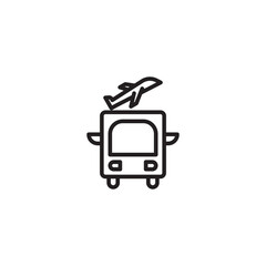 A minimalist line icon showing an airplane taking off from the top of a bus, symbolizing airport shuttle services or combined transport.