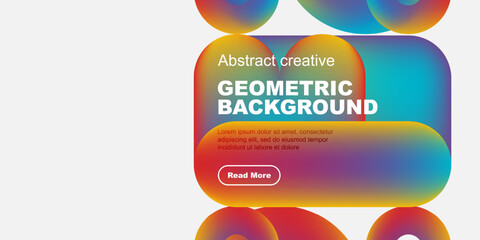 Obraz premium Vibrant geometric shapes overlap, creating colorful background. Text promotes abstract creativity, includes read more button.