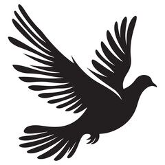 Three black dove silhouettes in flight, each with spread wings, depicted on a gray background