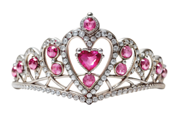 Silver tiara with heart shaped pink stones and clear crystals isolated on a transparent background crown