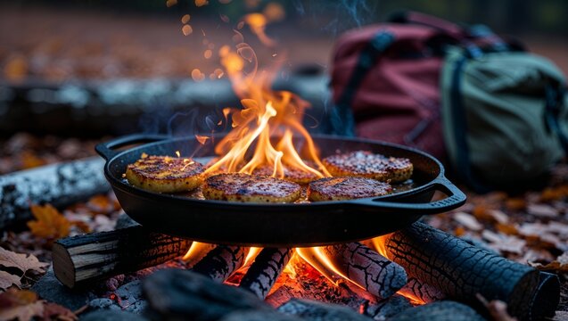 Cooking food over a crackling campfire in the middle of the autumn forest during a camping trip.
