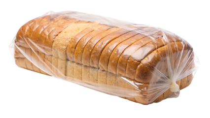 Sliced loaf of white bread sealed in clear plastic packaging against a black background isolated on a transparent background