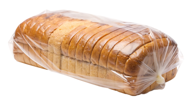 Sliced loaf of white bread sealed in clear plastic packaging against a black background isolated on a transparent background