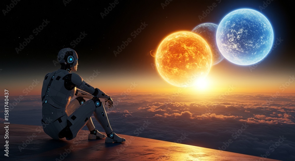 Poster futuristic robot gazing at three colorful suns in outer space