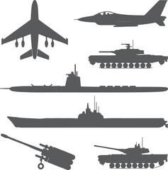 Fototapeta premium Military vehicles silhouette collection aircraft bomber