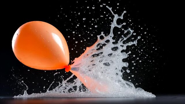 High speed photography captures the moment a peach-colored balloon bursts against a black background, sending a spray of water droplets into the air. The image is sharp and shows great detail in the