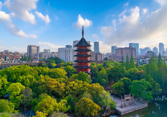 Fototapeta premium Aerial view of Feiying Tower in Huzhou City, Zhejiang Province, China