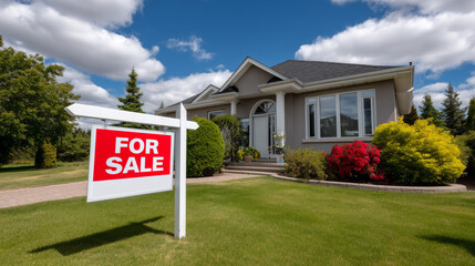 House For Sale Sign on Lawn of Modern Home in Residential Neighborhood