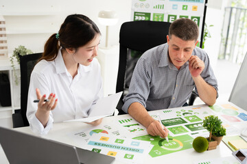 Corporate officer workers collaborate in office Sustainable Development meeting , ESG and Business concept.
