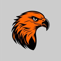Fierce eagle head mascot in bold orange and black. Perfect for sports team logos, eSports branding, badges, or outdoor adventure themes needing power and intensity.  eagle, mascot, bird, logo, fierce