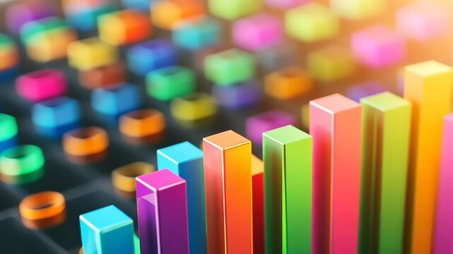 Colorful 3D bar graph representing data trends on a digital interface with blurred background elements - Powered by Adobe