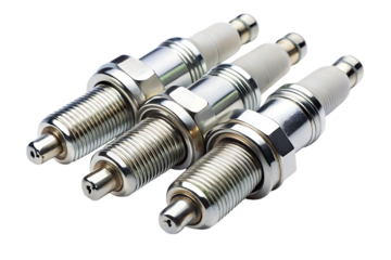 Three clean metallic high performance spark plugs with white ceramic insulators isolated on a transparent background