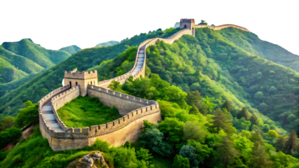 The Great Wall of China winds through lush green forested mountains under a bright sky isolated on a transparent background