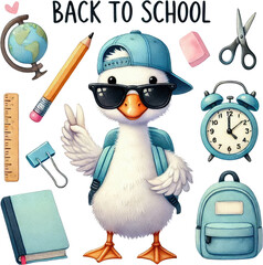Obraz premium Watercolor Back to School Goose PNG Clipart Sublimation. Cute Cartoon Animal Art for Kids Classroom Decor Nursery Print Teacher Design Whimsical School Goose Character. School Supplies First Day Fun