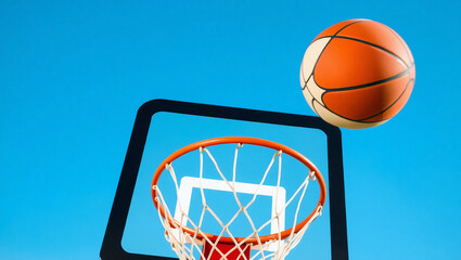 A basketball going through the hoop, isolated on a blue sky background. The ball is orange and white in color.