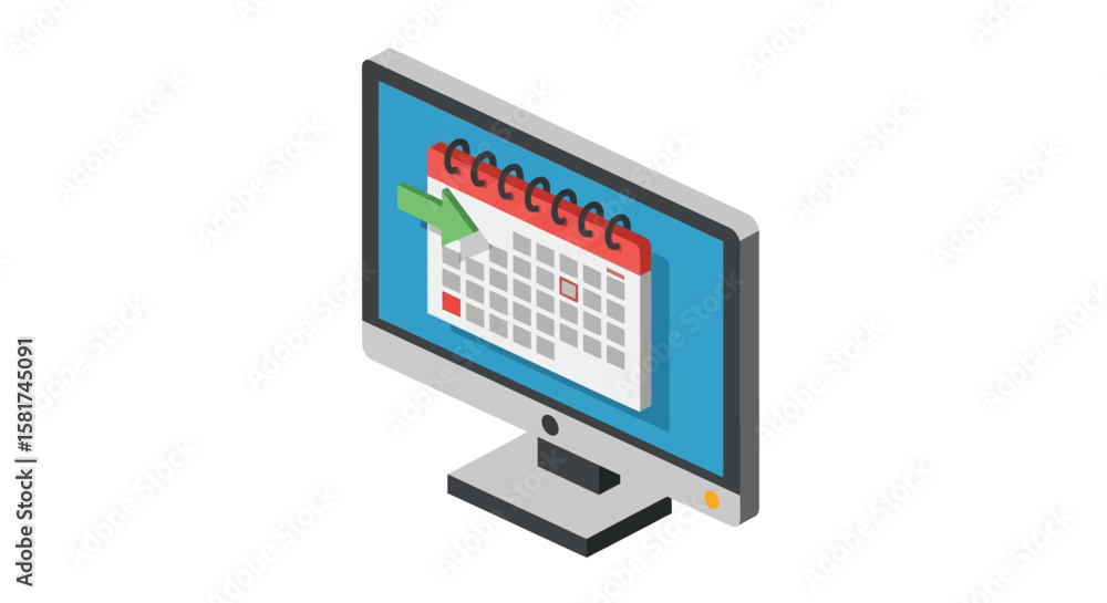 Poster isometric computer monitor displaying digital calendar icon.