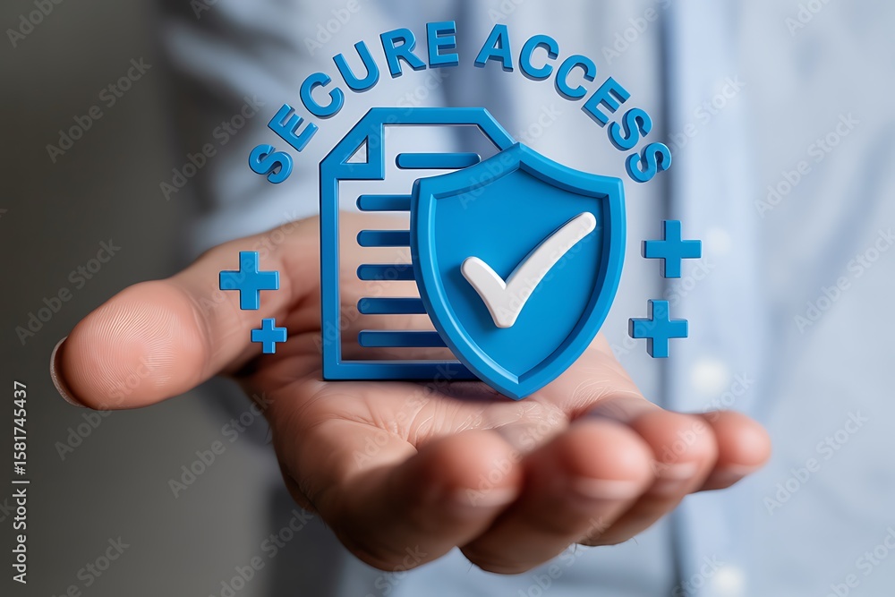 Poster blue shield document with checkmark and plus symbols above open hand security access