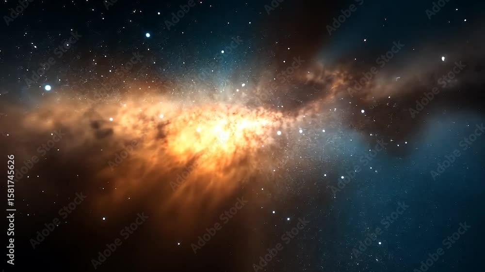 Poster cosmic nebula with orange and blue hues, glowing gas clouds and distant stars in a dark space backgr