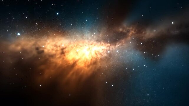 Cosmic nebula with orange and blue hues, glowing gas clouds and distant stars in a dark space background.  Intricate details and textures are visible within the nebular formations. Video capture of