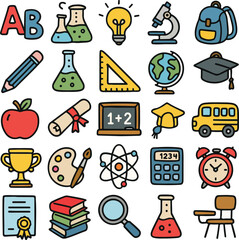 Set of Colorful education icons. Linear doodle style icon vector bundle