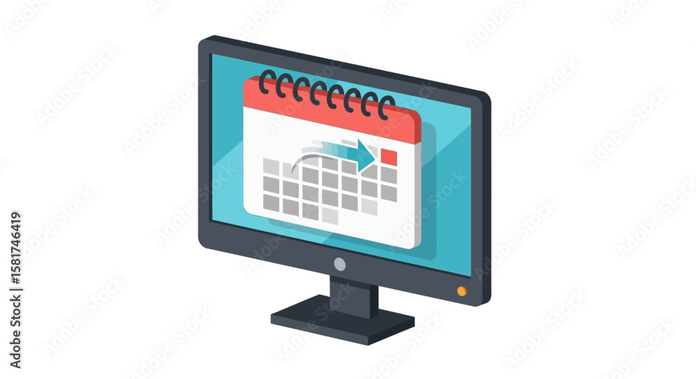 Poster isometric view of computer monitor with calendar icon.