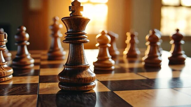Close-up of a chessboard with wooden chess pieces, the king in focus, warm lighting from a window in the background. Strategic game concept