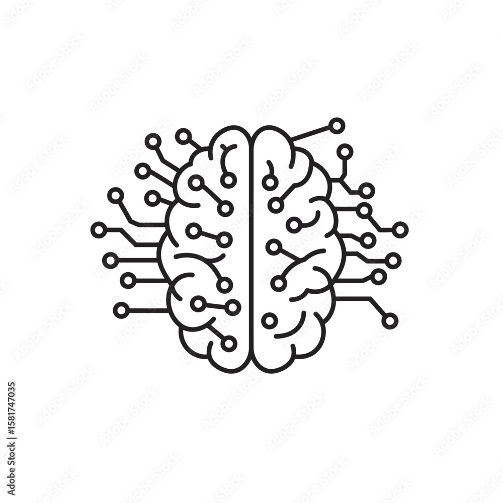 Fototapete A stylized line drawing of a human brain interconnected with circuitry, symbolizing artificial intelligence or neural networks.