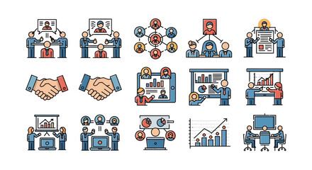 Business and Teamwork Icons Depicting Meetings and Collaboration.