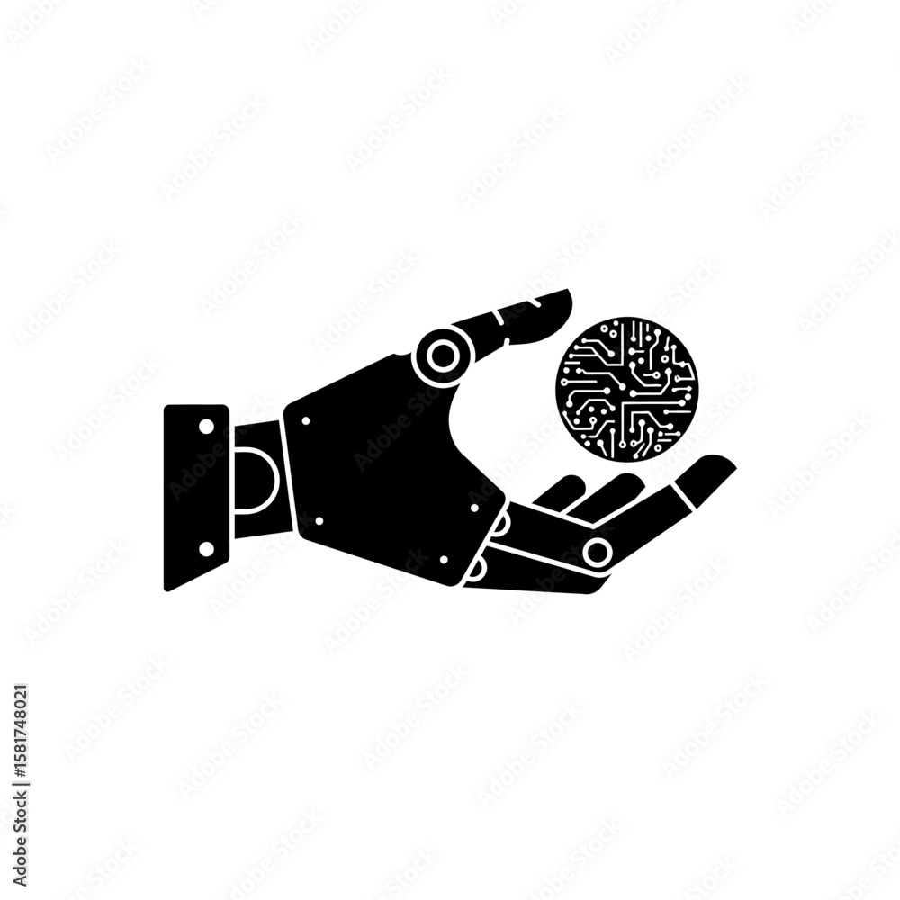 Poster robotic hand gently cradles a microchip, symbolizing technological advancement and precision.