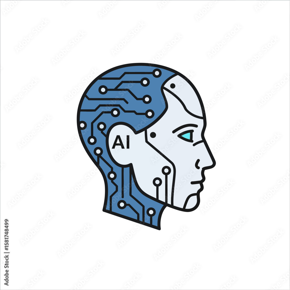 Poster artificial intelligence head illustration exploring the concept of future technology and neural netw