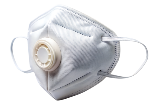 White respirator face mask with a white exhalation valve and elastic straps isolated on a transparent background