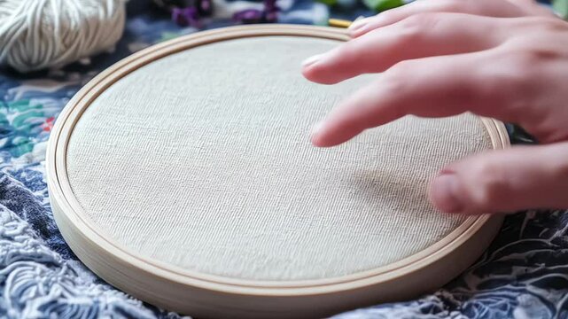 An empty embroidery hoop with hands preparing for crafting.