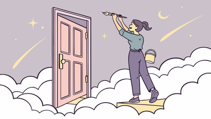 Woman Painting a Door on a Cloud – Reality Creator Silhouette