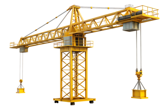 Yellow construction tower crane with suspended loads on black background isolated on a transparent background
