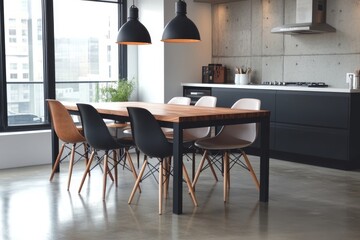 Chairs at a wooden dining table in a modern dining room, featuring a black cabinet for a contemporary look. technology, Generative AI