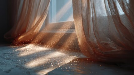 Sunbeam Through Curtain highlighting dust particles and soft textures perfect for warm home visuals calm storytelling and light-themed design