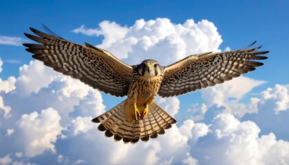 Fototapeta premium Falcon soaring in a vibrant sky filled with puffy clouds