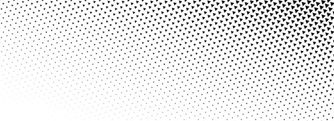 Fading triangle halftone texture gradient. Black and white abstract geometric background. Tech triangular halfton gradation pattern. Vector vanishing mosaic arrow wallpaper for banner, booklet, poster