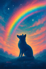 Silhouette of a Fox Gazing at a Rainbow Under a Starry Sky