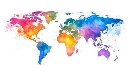 Fototapeta premium Watercolor World Map with Vibrant Rainbow Colors on White Background