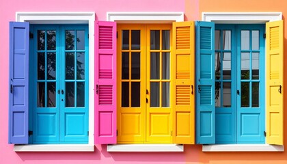 Three colorful doors with open shutters, each painted in a different vibrant hue, set against a bright wall.
