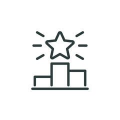 First place award in the competition, pedestal outline icon. Line sign sports podium with five-pointed shining star rays. Vector isolated pictogram for web on white background editable stroke.