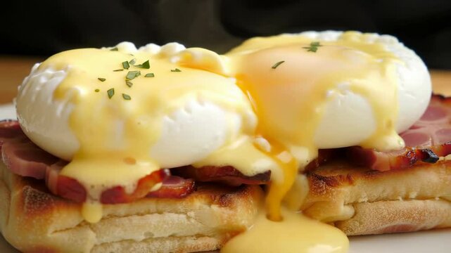 Hot and fresh eggs benedict with hollandaise sauce and steam rising