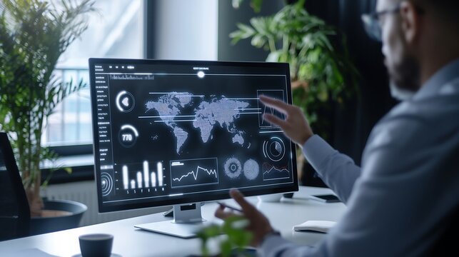 AI-powered smart education platform shown in a futuristic meeting room, with virtual charts, KPI indicators, and interactive icons for corporate learning and growth tracking.