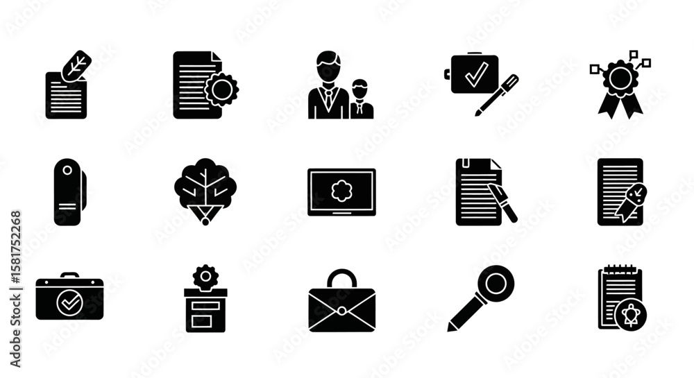 Poster black and white icon set representing various concepts.