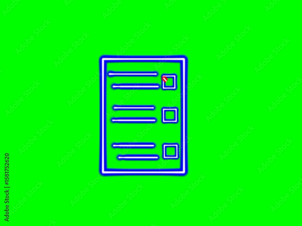 Poster shiny blue neon document icon with glowing checkbox and red neon checkmark.
