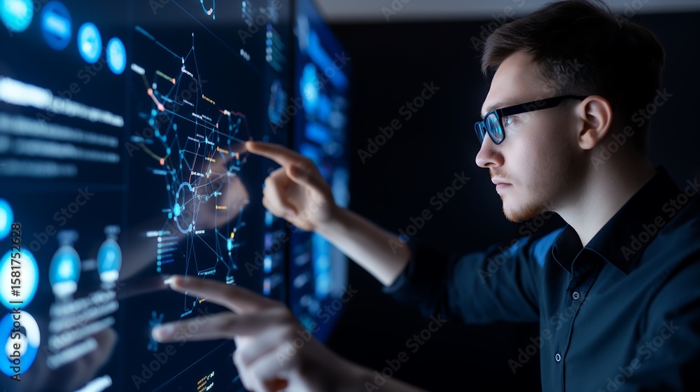 Poster business professional interacting with a virtual display of e-learning modules, including ai tools, 