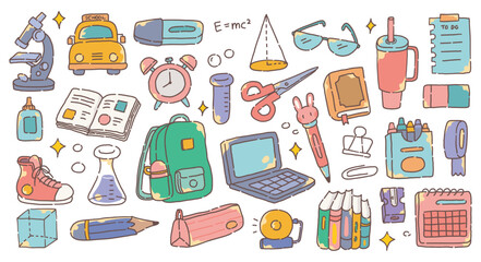 School Tools and Equipment Doodle Set | Science, Stationery, and Class Items