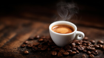 Fototapeta premium Steaming espresso cup with coffee beans, warm brown tones - the essence of rich coffee moments