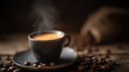 Steaming espresso cup with coffee beans, warm brown tones - the essence of rich coffee moments